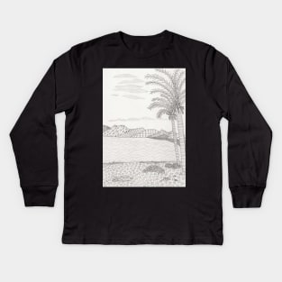 Beach at Puerto Del Carman, Lanzarote, Canary Islands rendered in Zentangle Kids Long Sleeve T-Shirt